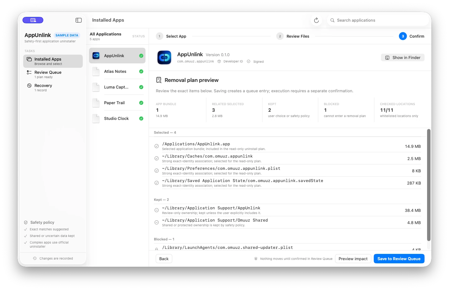 AppUnlink English removal plan showing selected, kept, shared, protected, and uncertain app-related files.