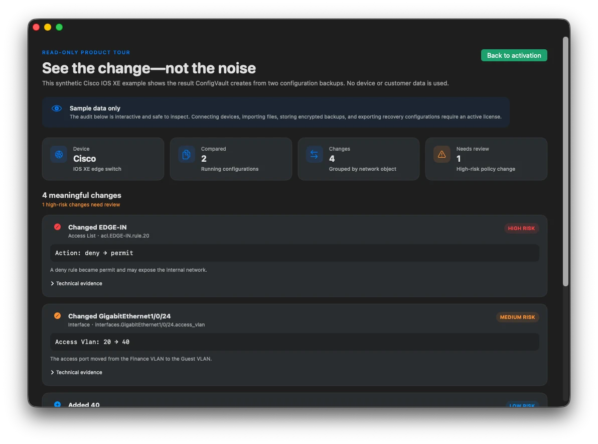 ConfigVault showing a semantic audit with a high-risk ACL change