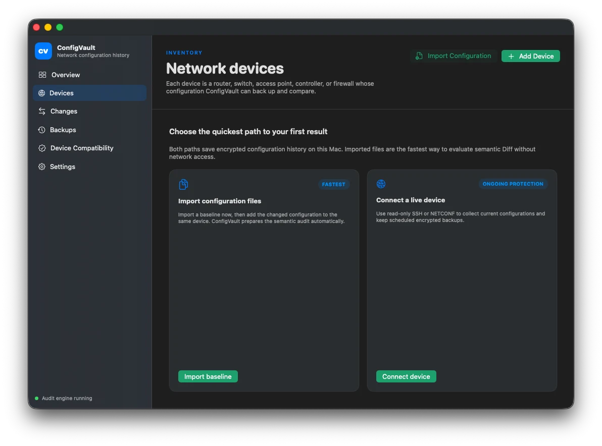 ConfigVault offering configuration import or read-only live device connection