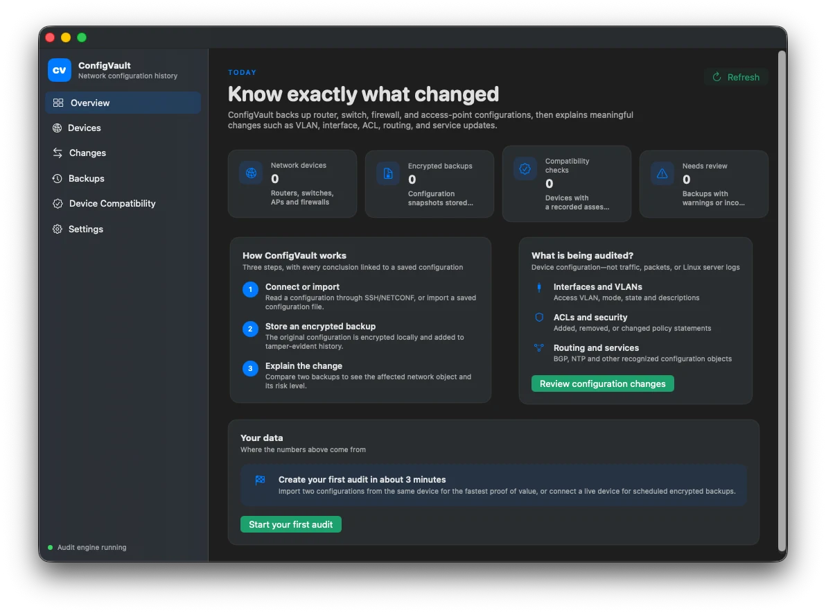 ConfigVault overview with encrypted backup and audit scope explanations