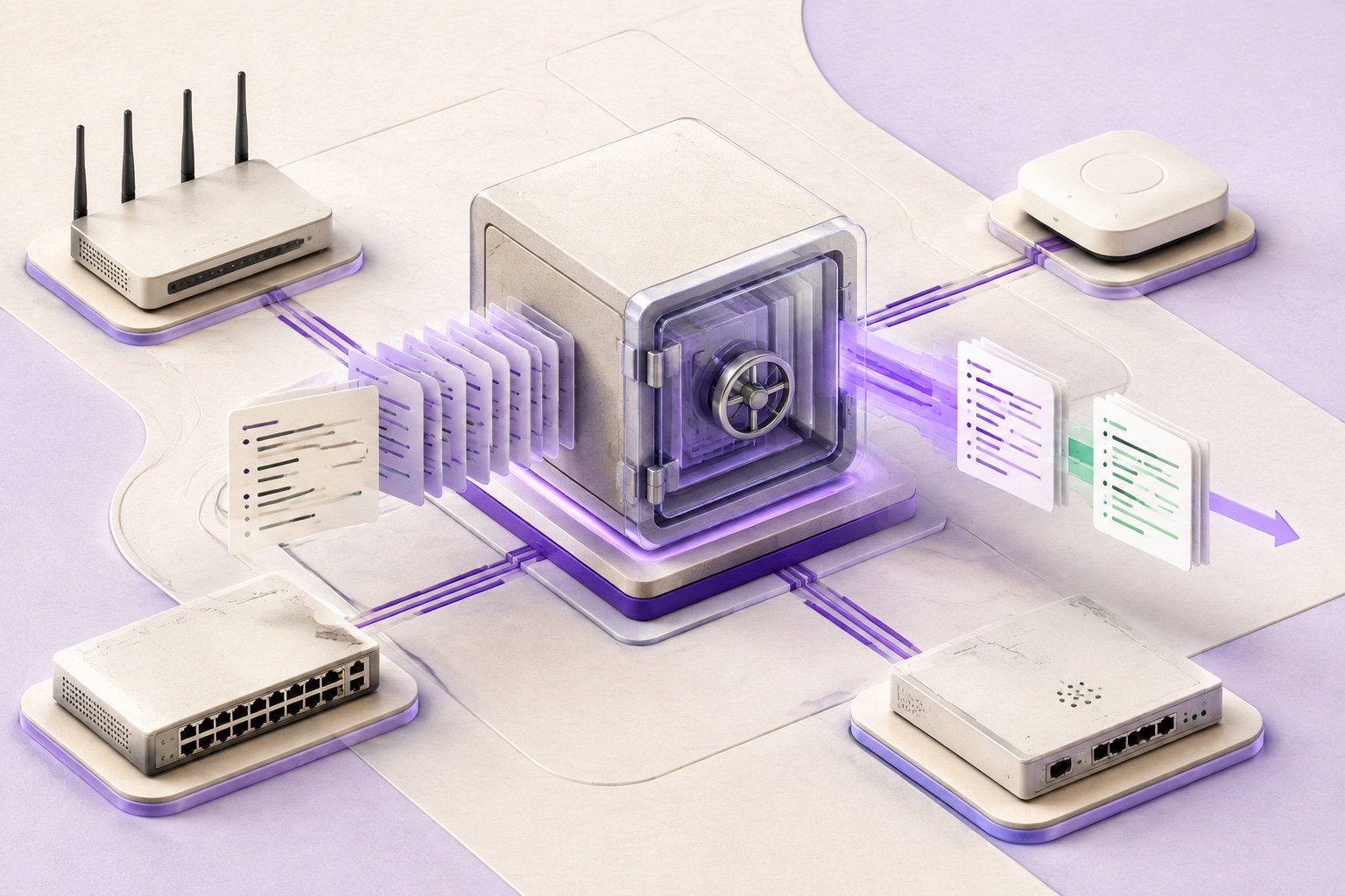 An editorial ConfigVault illustration connecting a secure vault to routers, switches, and wireless infrastructure.