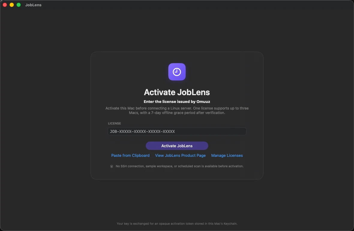 JobLens English activation screen with a license field and offline-use explanation.