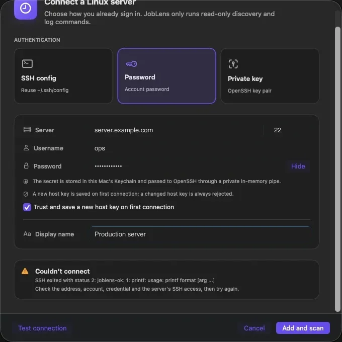 JobLens English Linux server connection sheet with password authentication selected.