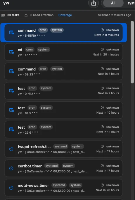 JobLens English task list showing cron and systemd entries, package tags, and next-run times.