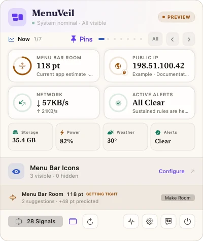 MenuVeil English status-bar overview with pinned signals, manageable icon summary, and menu-bar room estimate.
