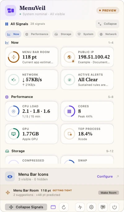 MenuVeil English All Signals view with grouped live metrics and a collapse control.
