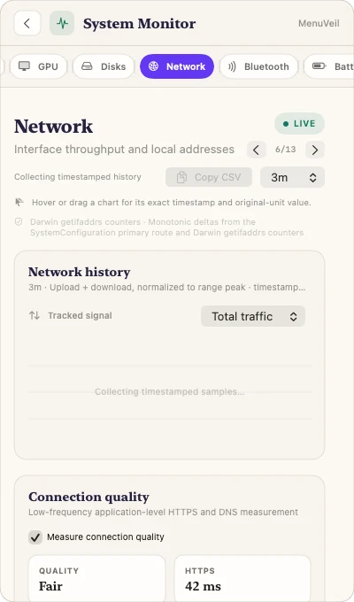 MenuVeil English Network monitor with timestamped history and an optional connection-quality measurement.