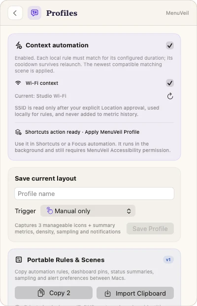 MenuVeil English Profiles view with context automation, manual capture, Shortcuts support, and portable rules.