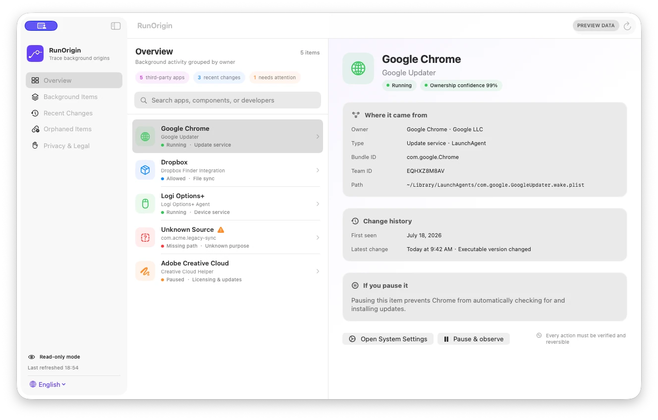 RunOrigin 英文概览：列出 LaunchAgent 与 LaunchDaemon 的域、路径与归属证据。