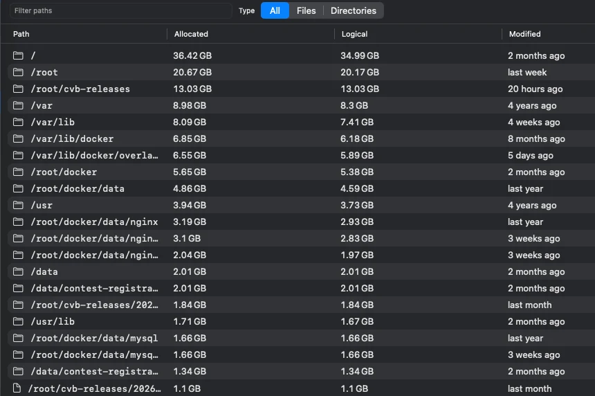 SSH Disk Visualizer English interface ranking the largest directories and files on a remote Linux server.