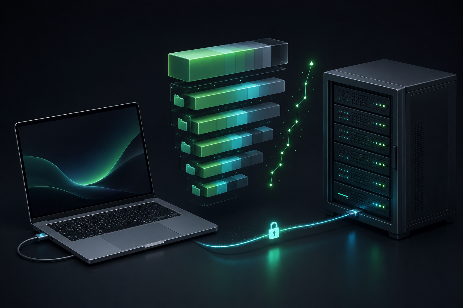 An original SSH Disk Visualizer illustration connecting a Mac to a Linux server over SSH, with storage blocks and a growth trail.